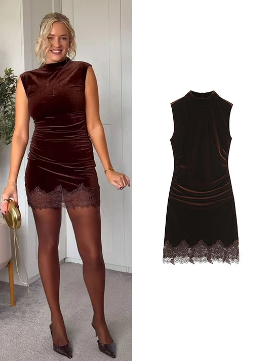 TFMLN Elegant Solid Velvet Dress For Women Chic Lace Spliceing Half High Collar Slim Sleeveless Short Dress Fashionable Ladies