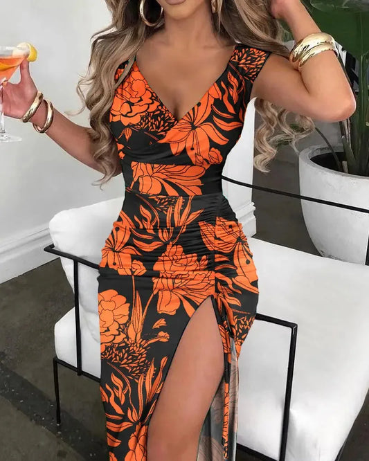 Womens Dresses Summer Floral Print Sexy V-Neck High Slit Sleeveless Casual Tight Fitting Daily High Waist Long Dress