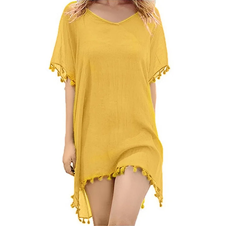 2023 Chiffon Tassels Beach Wear Women Swimsuit Cover Up Swimwear Bathing Suits Summer Mini Dress Loose Solid Pareo Cover Ups
