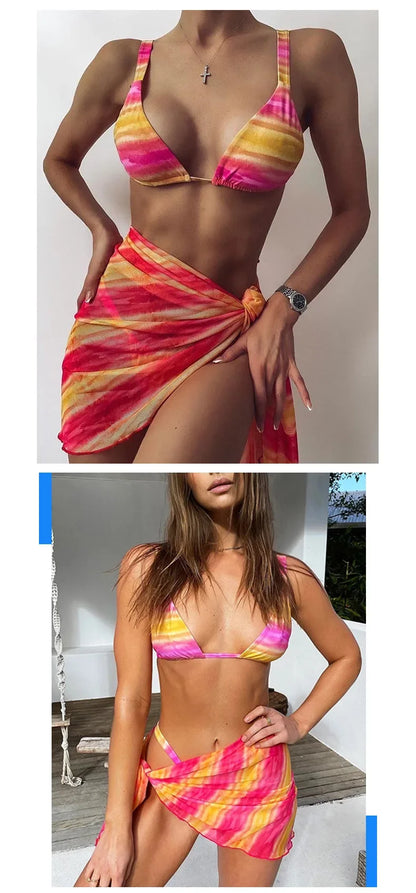 3 Piece Bikini Set Sexy Swimwear Swimsuit Women Triangle Leopard Rainbow Tie Dye Bikinis Set Bathing Suit Beach Skirt Cover Up