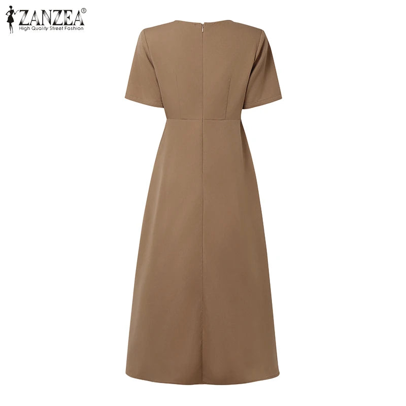 ZANZEA Elegant Office Work Dresses 2025 Women Summer Dress Square Neck Party Sundress Fashion Short Sleeve Pleated Vestidos Robe