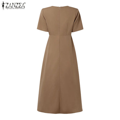 ZANZEA Elegant Office Work Dresses 2025 Women Summer Dress Square Neck Party Sundress Fashion Short Sleeve Pleated Vestidos Robe