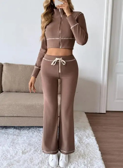 Two Piece Set Women Outfit Spring Autumn New Solid Color Stand Collar Long Sleeved Crop Zipper Jacket & Casual Pants Set