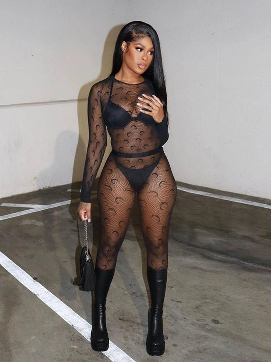 Sexy Streetwear Me See-tough Long Sve Set Pure Color round Ne Fitted Sle for Young Women 8-35 Summer Collection
