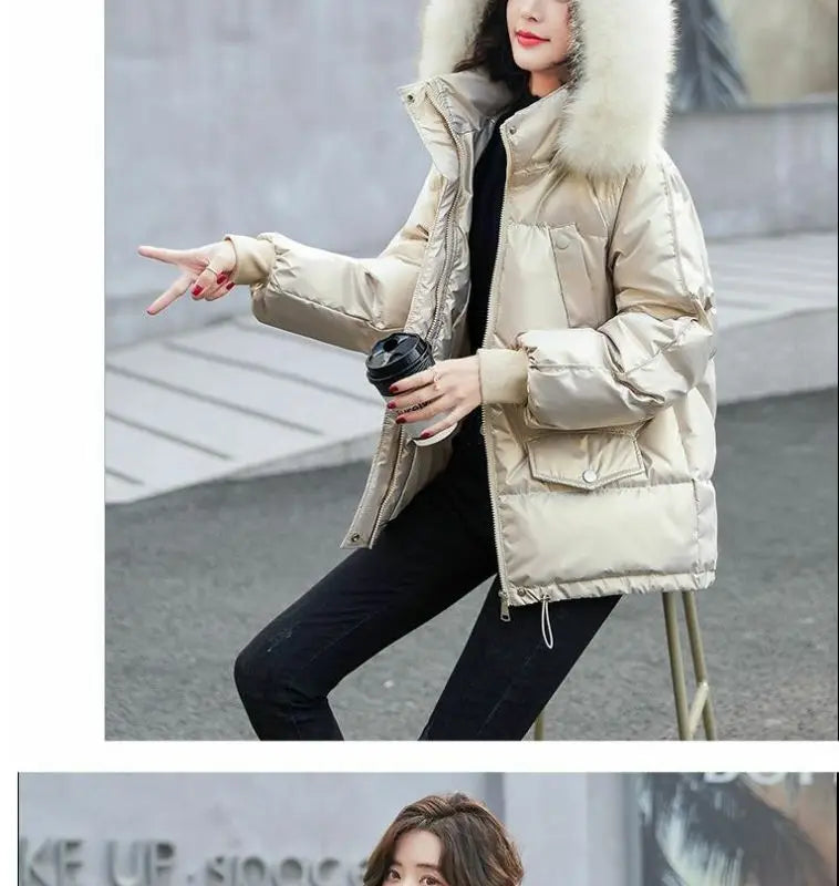 2025 Winter Fashion New Warm Duck Down Jacket Women's Clothes Glossy Fur collar Thicken Parka Short Down Coat Female Trend