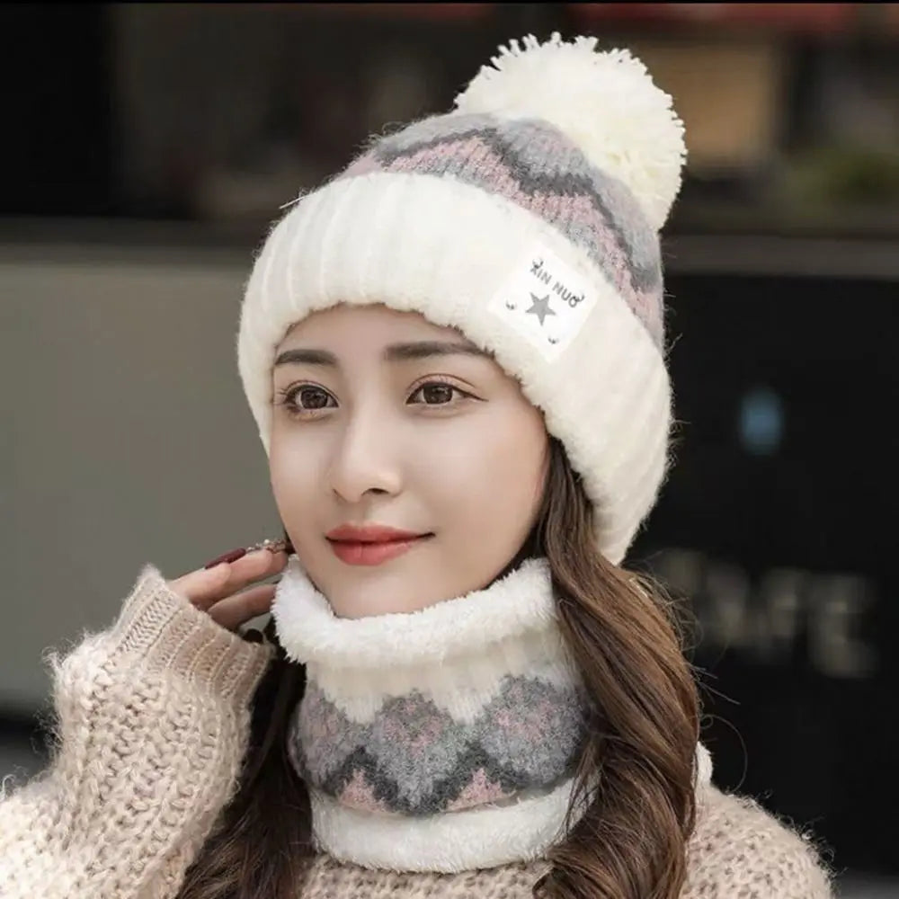 2PCS Winter Women Plush Velvet Hats Neck Warmer Hat Scarf Set Beanies Cycling Windproof Hat Outdoor Ear Protection