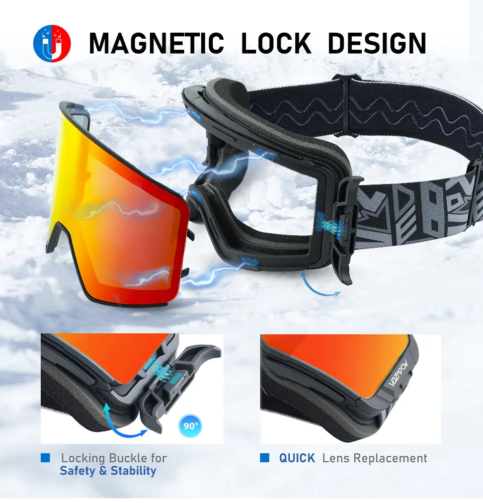 Vozapow Ski Goggles Magnetic Double Layer Anti Fog Professional Skiing Mask Men Women Super View Snowboard UV400 Snow Sunglasses