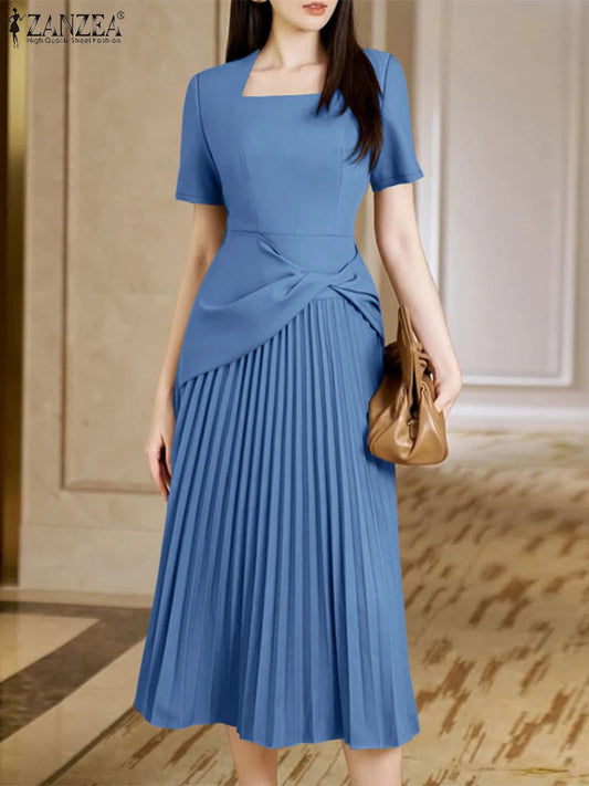 ZANZEA Elegant Office Work Dresses 2025 Women Summer Dress Square Neck Party Sundress Fashion Short Sleeve Pleated Vestidos Robe