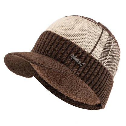 New Unisex Warm Winter Hat With Brim Add Fur Lined Beanie Hat Sports Label Thicken Winter Hats For Men Women Knitted Hat