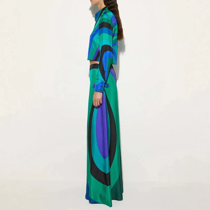Vintage Geometric Print Satin Elegant Women's Sets Spring Button Polo Neck Shirt & Wide Leg Pants Outfit Long Sleeve Autumn Suit