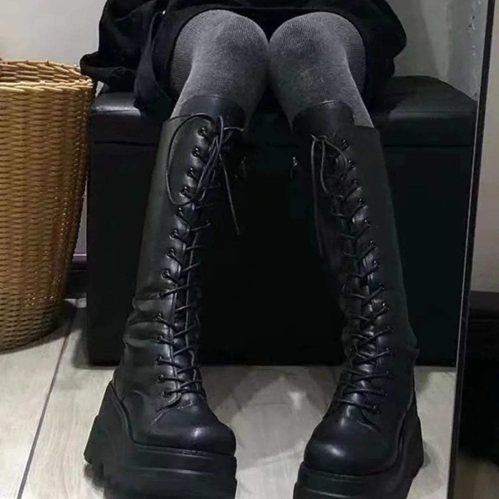 DoraTasia Black Gothic Fashion Round Toe Side Zipper Lace Up Women's Mid Calf Boots New INS Christmas Street Party Shoes Woman