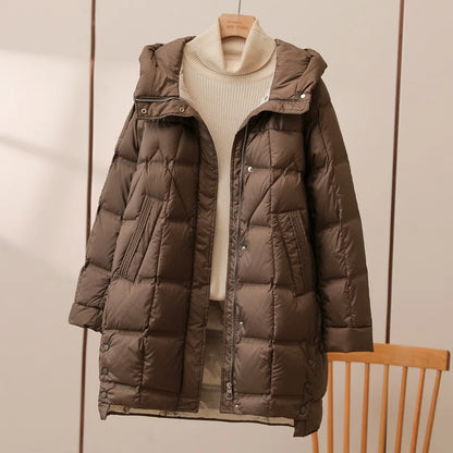 Winter Long 90% White Duck Down Jacket Women Hooded Zipper Puffer Coat Casual Warm Loose Puffer Feather Parka