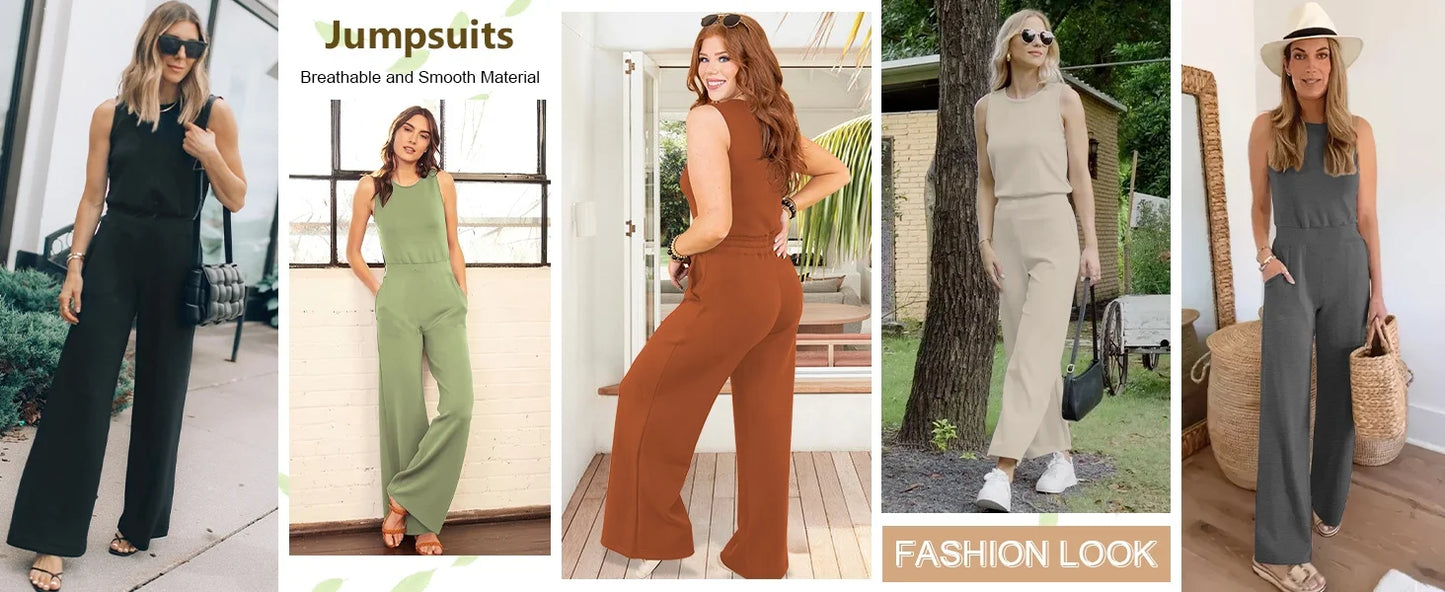 Bohemian Leaf Print Holiday Pants Set Round Neck Elegant Temperament Summer Sleeveless Top And Pants Hawaii Vacation Womenswear