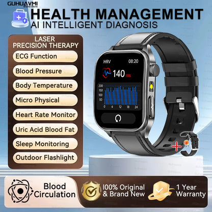 2025 New Mcro Phsical Examination 650nm Laser Therapy ECG Urci Acid Blood Fat Smart Watch Men Blood Pressure Heart Rate Bracelet