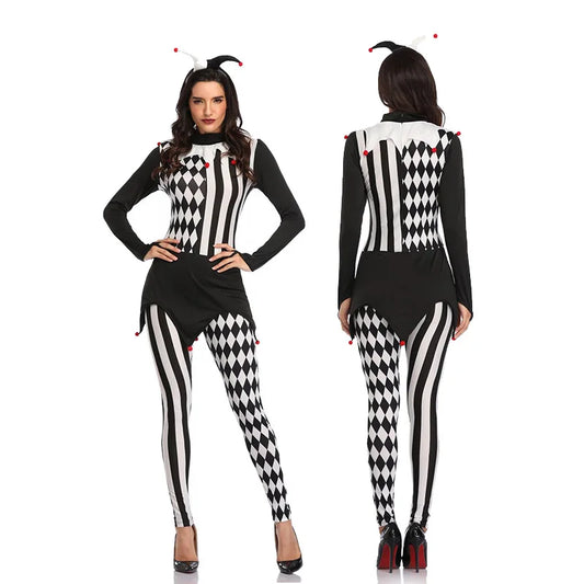 Women Killer Clown Costume Adult Cosplay Terror Clown Jumpsuits Halloween Funny Scary Clothing White Black Stripe Clown Outfits