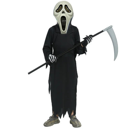 Child Grim Reaper Scary Costume Halloween Scare Mask Set with Removable Scythe Devil Accessory Carnival Role Play Black Robe