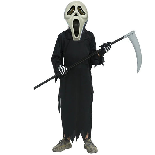 Child Grim Reaper Scary Costume Halloween Scare Mask Set with Removable Scythe Devil Accessory Carnival Role Play Black Robe