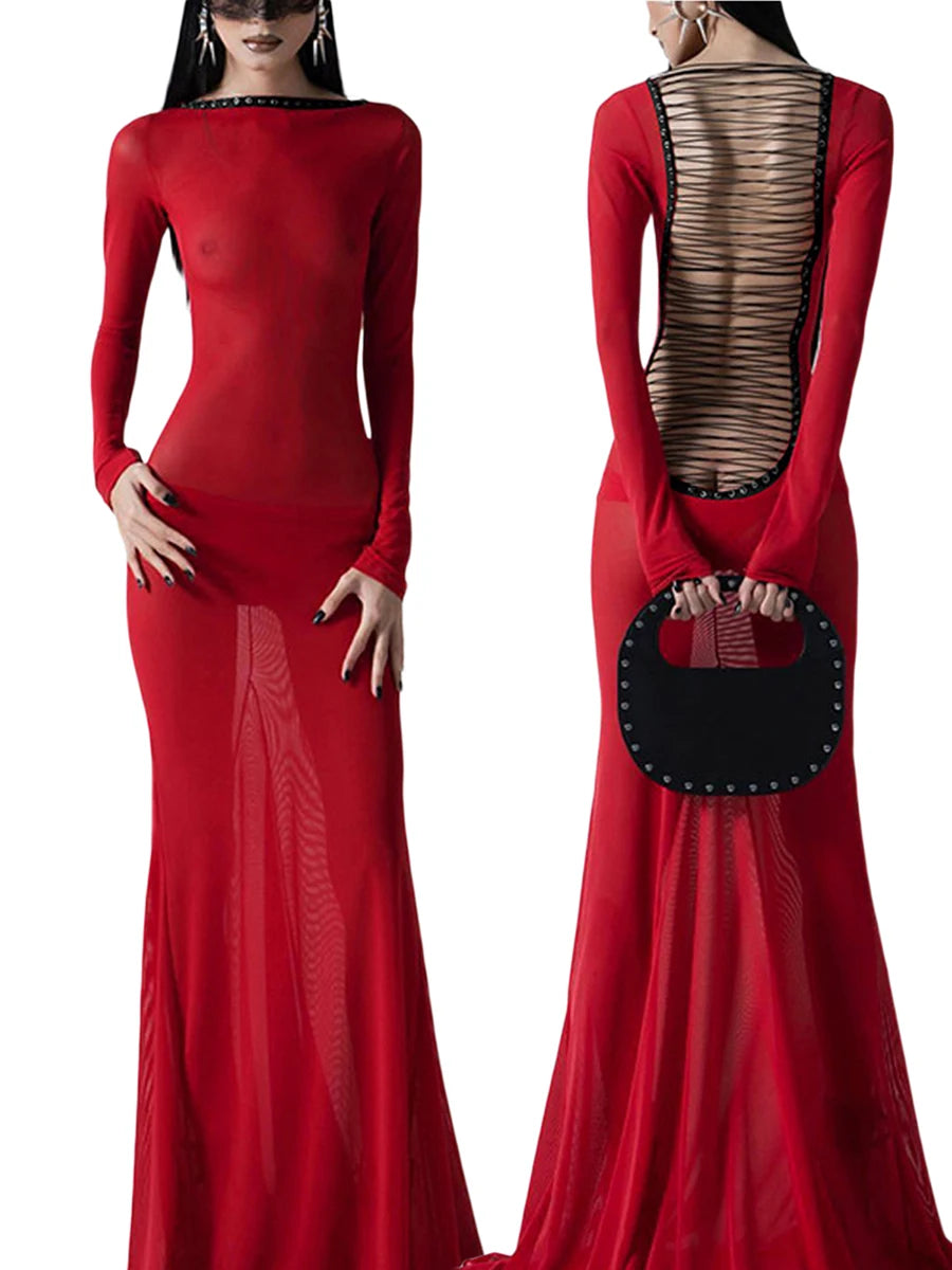 Black Long Sleeve Transparent Lace Dress for Women Sexy Floor-length Evening Dress Slim Party Club Dresses Red Christmas Dress