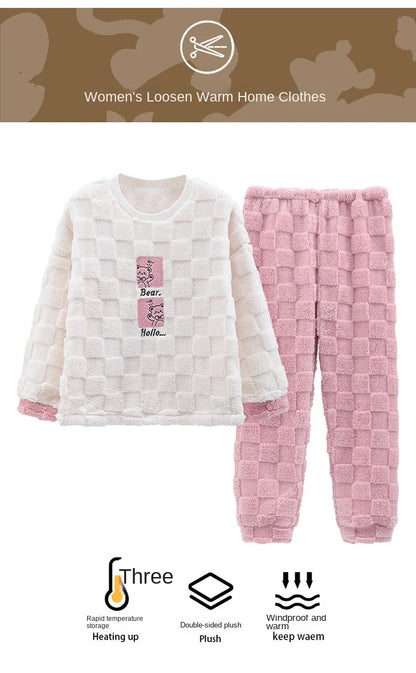 Thickened Warm Winter Couples Flannel Pajamas for Men and Women Cartoon Bear Sleepwear Loungewear Ladies Nightwear Homewear