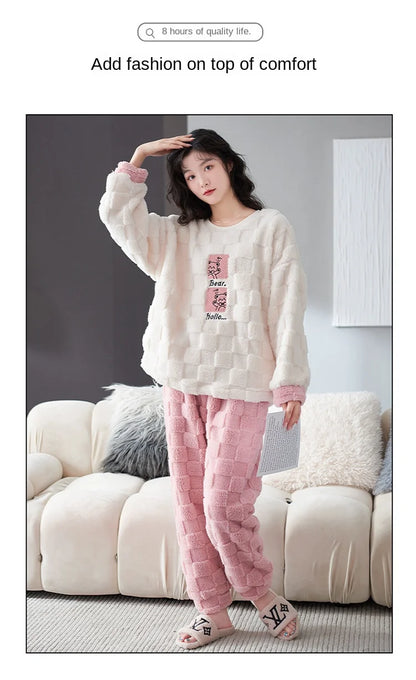 Thickened Warm Winter Couples Flannel Pajamas for Men and Women Cartoon Bear Sleepwear Loungewear Ladies Nightwear Homewear