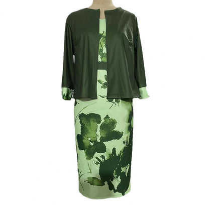 2 Pcs/Set Women Coat Dress Suits Set Floral Print Sheath Midi Dress Open Stitch Dress Suit Jacket Women Outfit Set