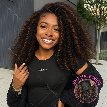 1B/30 highlight 3 In 1 Half Wigs Human Hair Drawstring Burmese 3C 4A Curly Invisible Half Wigs Water Wave Half Wigs Human Hair