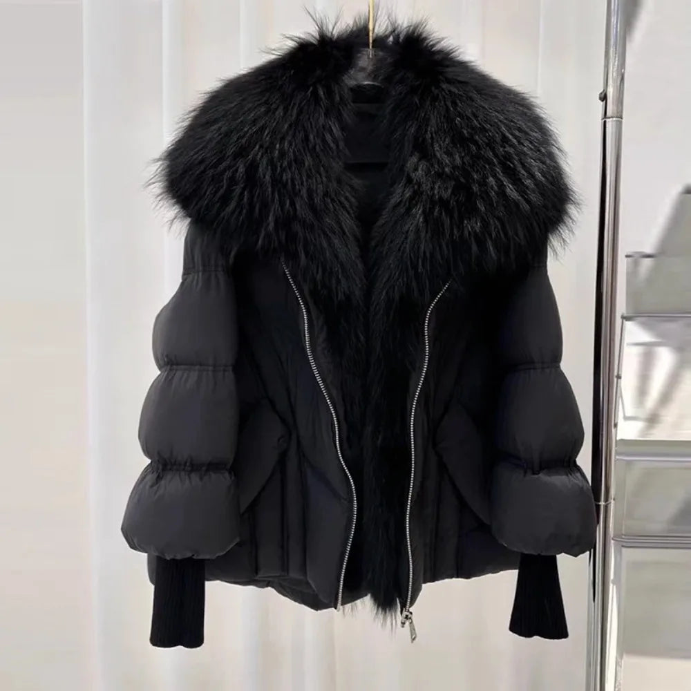 OFTBUY 2025 New Winter Large Real Raccoon Fur Puffer Coat Women Oversized Feather Down Parka Knit Sleeve White Duck Down Jacket