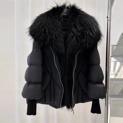 OFTBUY 2025 New Winter Large Real Raccoon Fur Puffer Coat Women Oversized Feather Down Parka Knit Sleeve White Duck Down Jacket