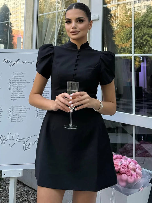Trendix Button Patchwork Elegant Dress For Women Fashion Pleated Short Sleeve Short Dresses Femme Office Commuter A-Line Dress