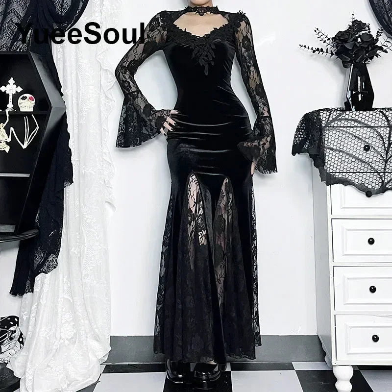Halloween Gothic Grunge Punk Women Dress Long Sleeve Lace Slim Black Dresses 2025 New Y2K Harajuku Lolita Fairy Core Party Dress
