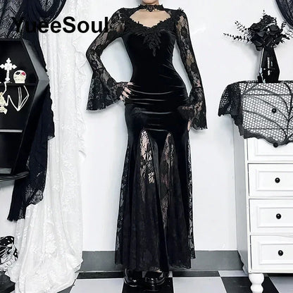 Halloween Gothic Grunge Punk Women Dress Long Sleeve Lace Slim Black Dresses 2025 New Y2K Harajuku Lolita Fairy Core Party Dress