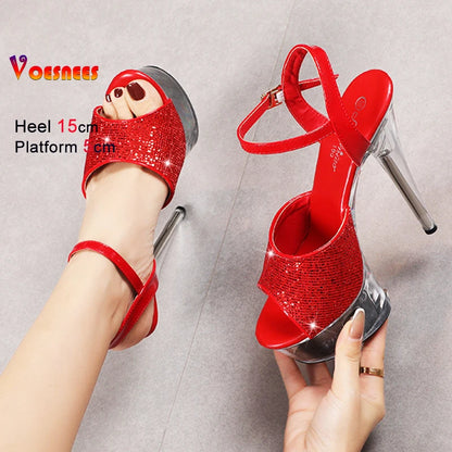 Summer Party Sequin Cloth Women's Sandals Transparent Petal Waterproof Platform High Heels Model Show Stiletto Strippers Shoes