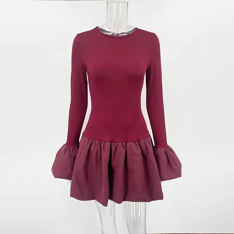 Flare Sleeve Mini Dress For Women Fashion Splice Folds Dress A-Line Hem Bodycon Female Elegant Dress 2025 Summer New