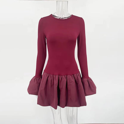 Flare Sleeve Mini Dress For Women Fashion Splice Folds Dress A-Line Hem Bodycon Female Elegant Dress 2025 Summer New