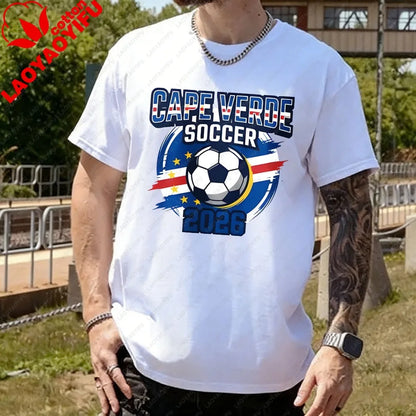Men's T-Shirt with A Cape Verde 2026 Football Theme Printing Pattern Tshirt Cotton Short-Sleeve Summer Tops Celebration Outfit