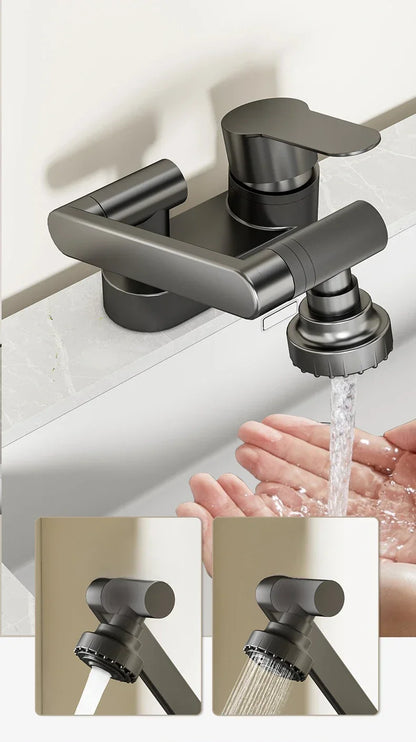 Double Hole Basin Faucets Bathroom Cold and Hot Mixing Tap 2 Modes Nozzle Faucet Sink Basin 360° Rotation Mixing Valve