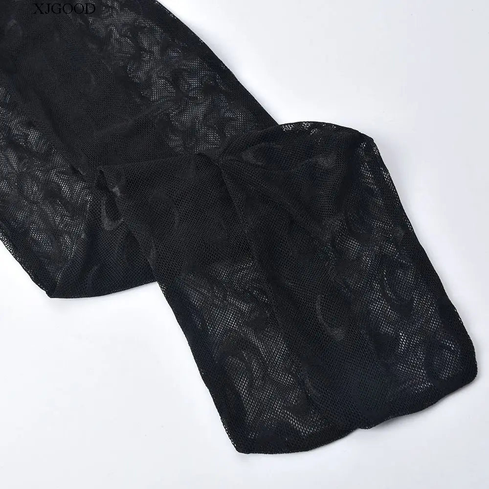 Sexy Streetwear Me See-tough Long Sve Set Pure Color round Ne Fitted Sle for Young Women 8-35 Summer Collection