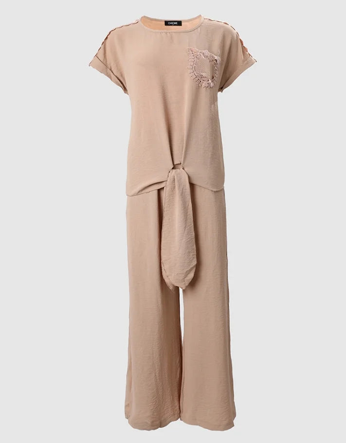 Two Piece Set Women Outfit Summer Lace Patchwork Round Neck Short Sleeved Lace Up Top & Casual Daily Wide Leg Pants Set