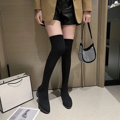 Spring Autumn Elastic Middle Heel Pointed Toe Women's Thigh High Boots Gyaru Cosplay Goth Ladies Sock Above Over The Knee Shoes