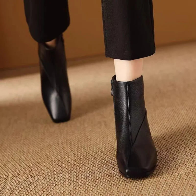 Women's Ankle Boots Genuine Leather Square Toe Chunky Block Heel Side Zipper Mid Calf Booties Fashion Casual Winter Shoes