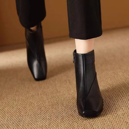 Women's Ankle Boots Genuine Leather Square Toe Chunky Block Heel Side Zipper Mid Calf Booties Fashion Casual Winter Shoes