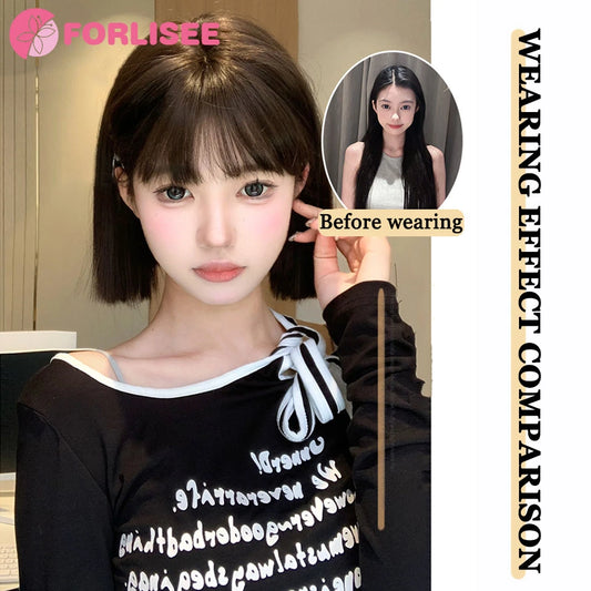 FORLISEE Synthetic Wig Short Black Brown with Bangs for Women Bob Straight Wig High Temperature Daily Cosplay Party Wigs