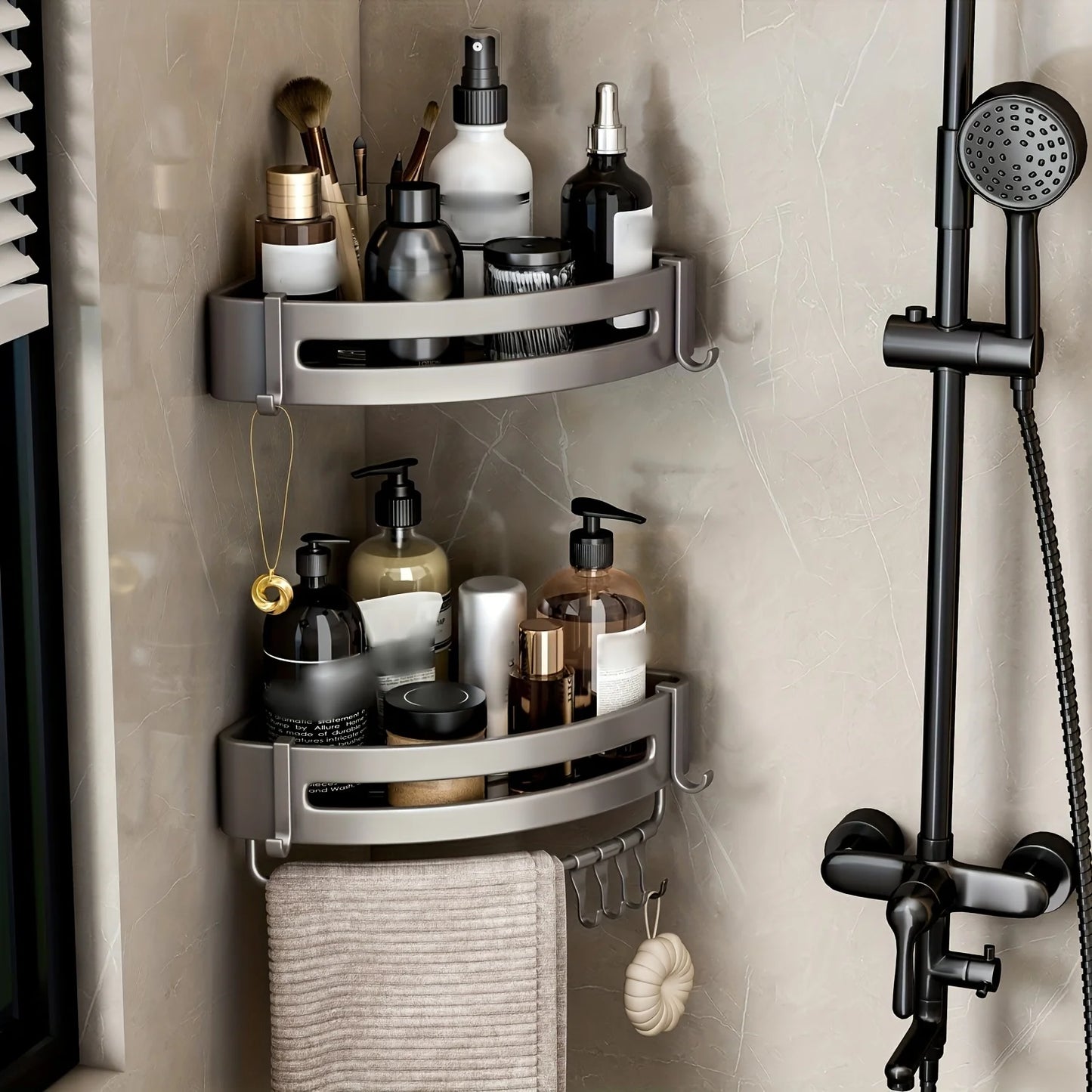 1pc Non-Drill Aluminum Bathroom Storage Rack - Wall-Mounted Corner Shelf for Shampoo, Makeup, and Accessories