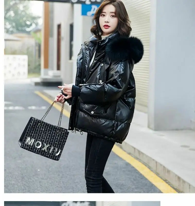 2025 Winter Fashion New Warm Duck Down Jacket Women's Clothes Glossy Fur collar Thicken Parka Short Down Coat Female Trend