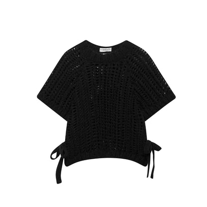 EDSA Women Chunky Knit Top with Side Straps O-Neck Short Sleeves Hollow Out Cropped Sweater Pullover for Casual Female