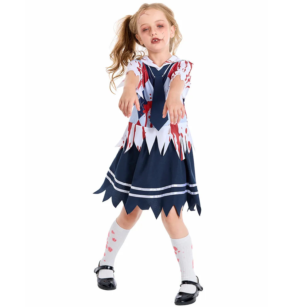 Girls Zombie School Costume Uniform Child Vampire Costume Outfits Scary Halloween Costume for Kids Zombie School Boy Outfits