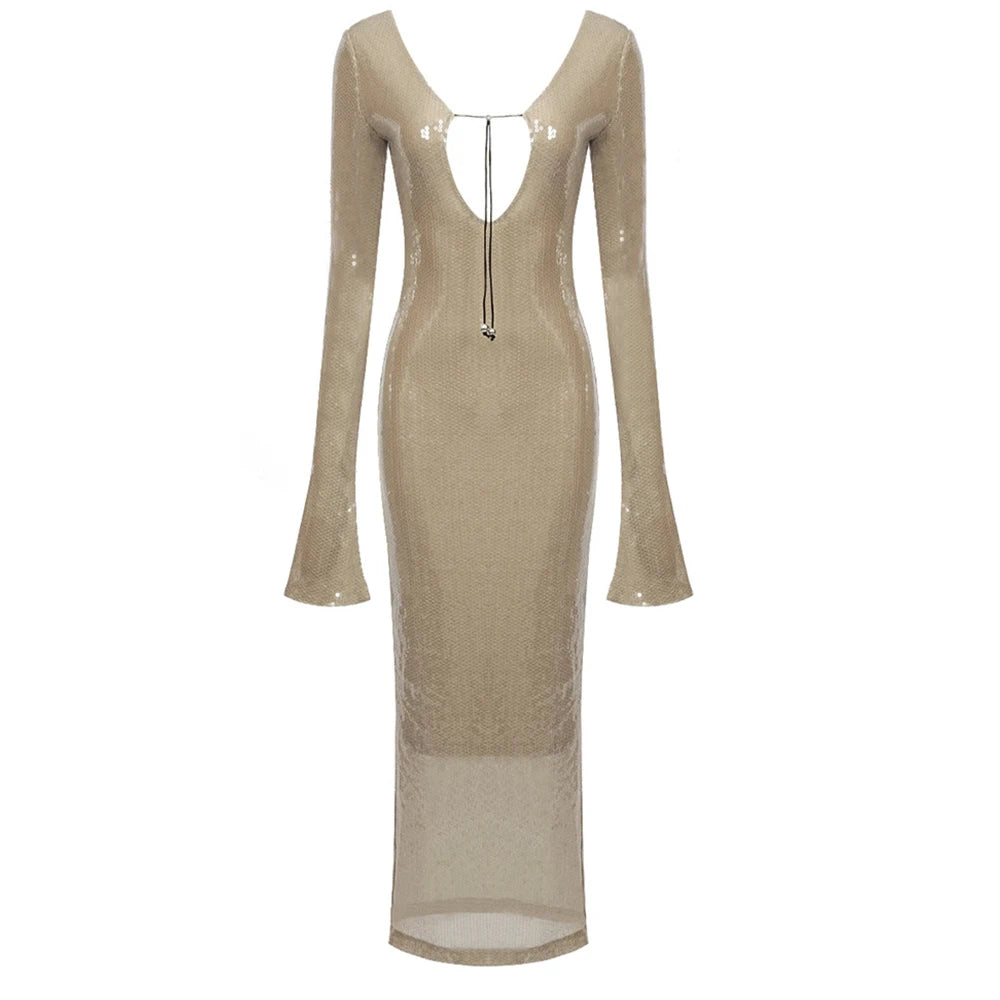 Elegant Deep V Sequin Long Sleeve Party Dress for Women Backless Lace Up Midi Dress Ankle Length Evening Dress Formal Gown Wear