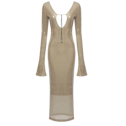 Elegant Deep V Sequin Long Sleeve Party Dress for Women Backless Lace Up Midi Dress Ankle Length Evening Dress Formal Gown Wear