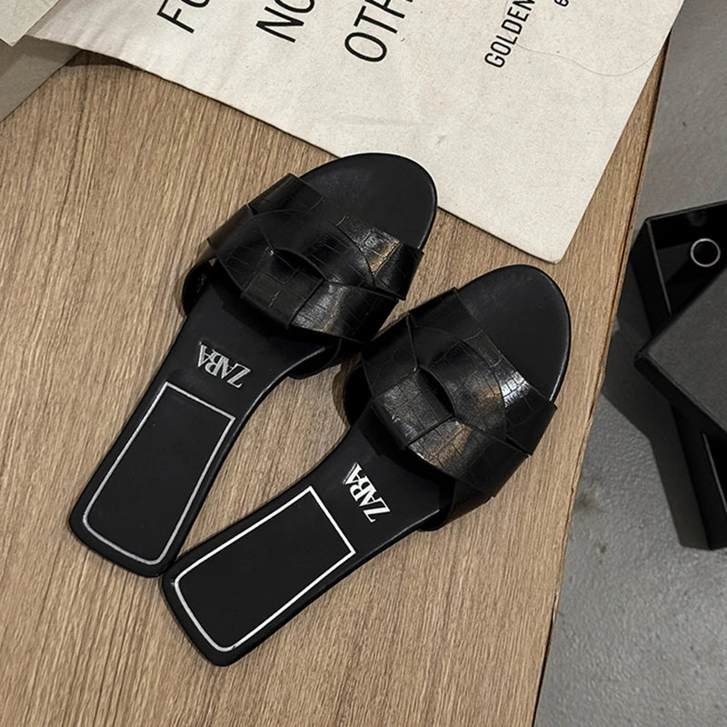 2025Summer New Style Women's Designer Brand Open Toe Flat Slippers Woven Comfortable Women's Shoes Casual Slippers Women's Shoes