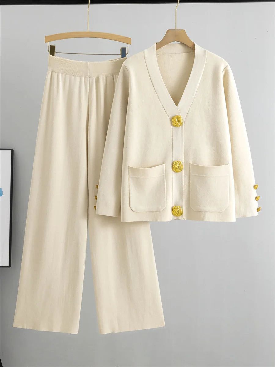 Women Elegant Knitted 2 Piece Sets Korean Knit Single Breasted Sweater Cardigan Tops Conjuntos High Waist Wide Leg Pants Outfit
